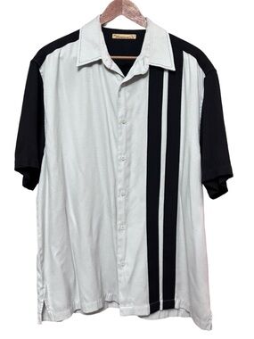 Vintage Cuban Black & Greige Short-Sleeve Button-Up Camp Shirt L